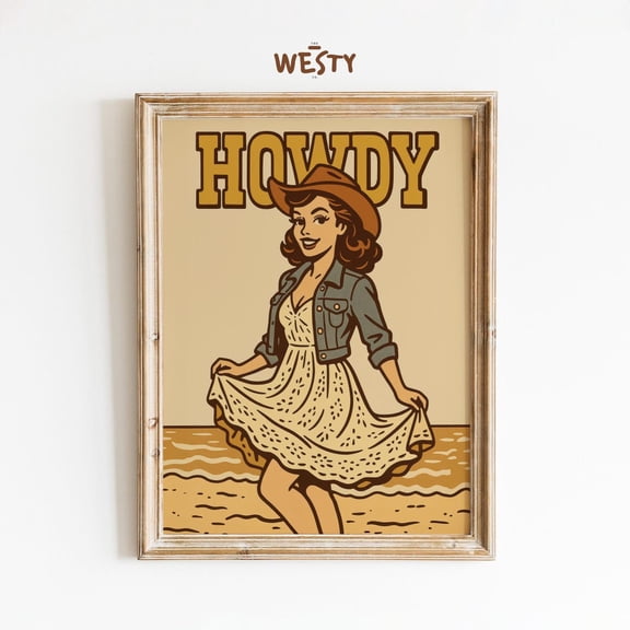 Luvia Howdy Retro Cowgirl Poster, Western Pin-Up Wall Art, Beach Aesthetic Print for Home Decor, 16x24 UNFRAMED