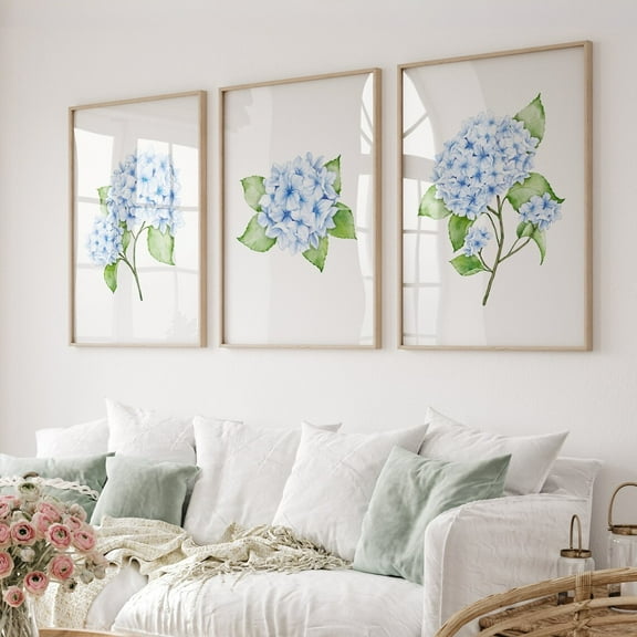 Luvia Hydrangea Set Of 3 Prints Light Blue Art Flower Botanical Room Decor Hamptons, Modern Wall Decor Set 3 Prints 16x24 UNFRAMED