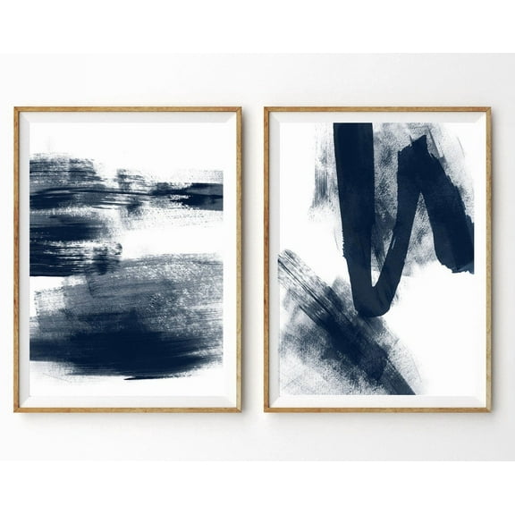Luvia Indigo Blue Abstract Set Of 2 Prints Navy 2 Piece Poster Poster Art Ink, Modern Wall Decor Set 2 Prints 12x18 UNFRAMED
