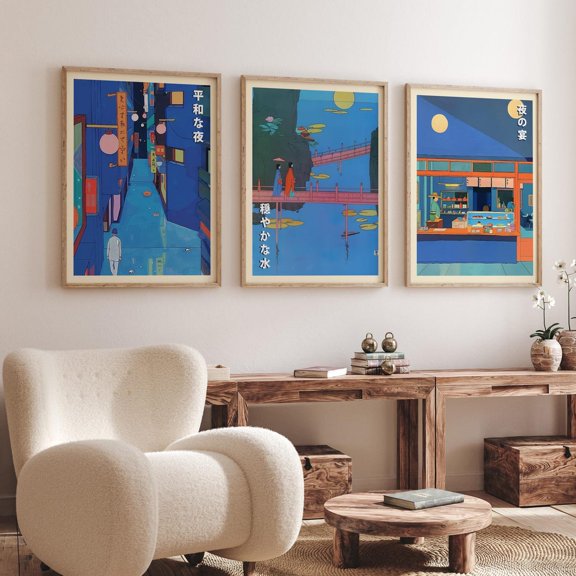 Luvia Japanese Nights Posters - Moonlit Scenes In Urban Japan Set Of 3 Prints - Blue Themed Asian Inspired Home, Modern Wall Decor Set 3 Prints 12x18 UNFRAMED
