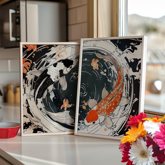 Luvia Koi Fish Yin Yang Set Of 2 Wall Art Poster Or Print, Art Print Fish, Abstract Japanese Wall Art, Feng Shui Poster Print, Modern Wall Decor Set 2 Prints 12x18 UNFRAMED