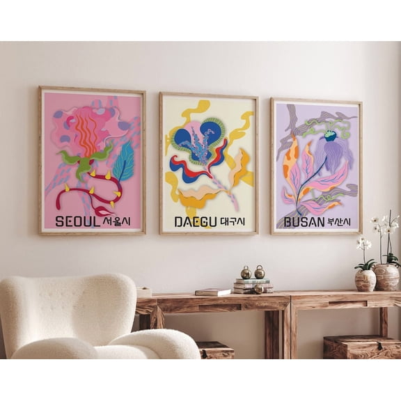 Luvia Korean Korean Posters Psychedelic Flowers Korean Pastel Flower Prints Set Of 3 Colorful Pink And Purple Flower Prints, Modern Wall Decor Set 3 Prints 16x24 UNFRAMED