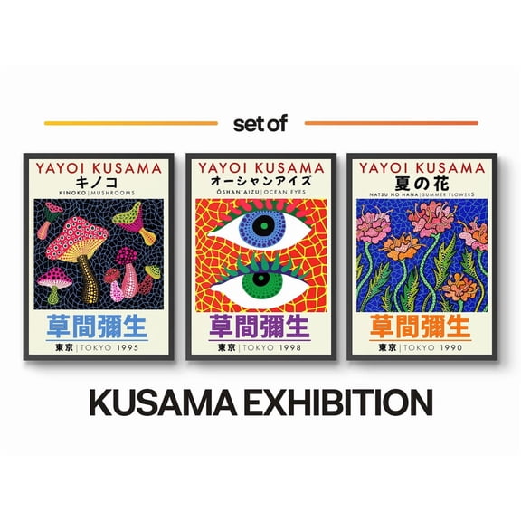 Luvia Kusama Set Of 3 Exhibition Posters, Japan Mushrooms Art Poster, Eyes, Flowers Lounge Decor Poster, Modern Decor Set 3 Prints 20x30 UNFRAMED