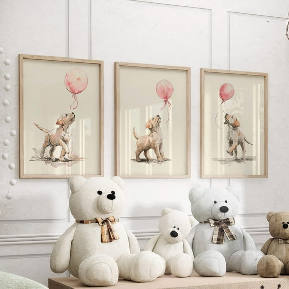 Luvia Labrador Retriever Puppy With Pink Balloon Wall Art Set Of 3 Poster Or Print, Animal Art, Dog Print Girls Nursery Decor, Modern Wall Decor Set 3 Prints 12x18 UNFRAMED