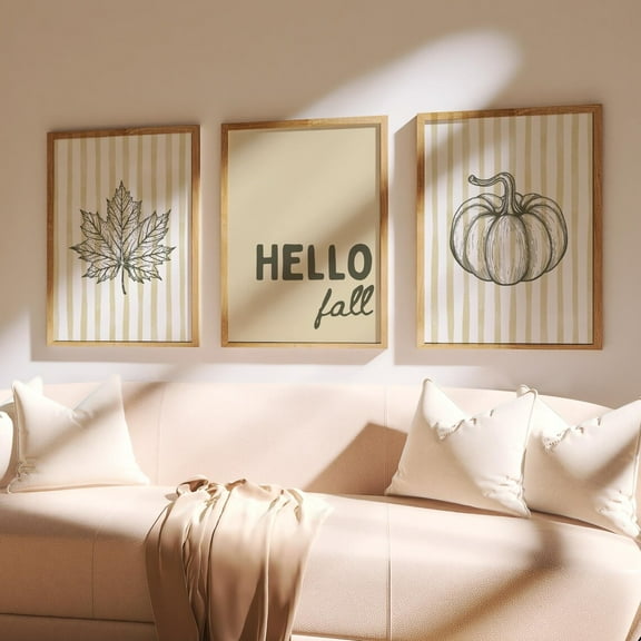 Luvia Leaf Pumpkin Fall Poster Wall Art Set Of Three Autumn Modern Living Room Decoration Cozy Bedroom Trendy Simple Line Minimalist Striped Beige Wall Decor Set 3 Prints 8x12 UNFRAMED