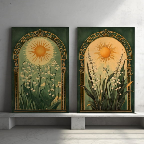 Luvia Lily Of The Valley And Sun Art Nouveau Print Set Of 2 Poster, Emerald Green Botanical Folk Wall Art, Modern Wall Decor Set 2 Prints 8x12 UNFRAMED