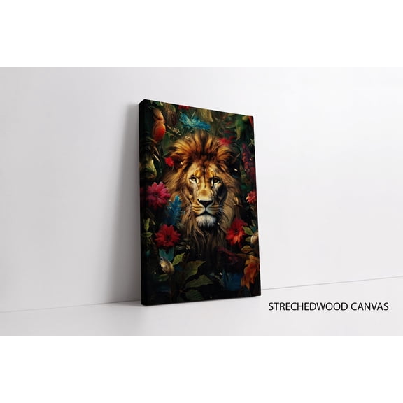 Luvia Lion Canvas Print Wall Art, Lion Portrait Among Flowers, Animal Poster, Home Decor, Art Canvas, 8x10 UNFRAMED