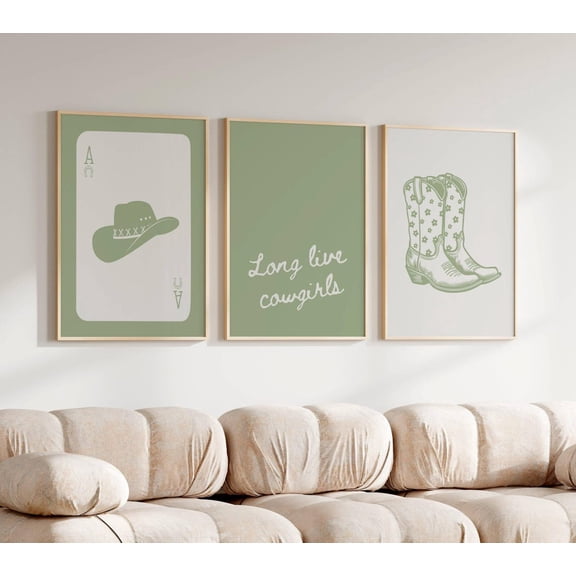 Luvia Long Live Cowgirls Sage Green Trendy Prints Girly Western Coquette Cowgirl Prints Dorm Green Boot Print, Modern Wall Decor Set 3 Prints 16x24 UNFRAMED