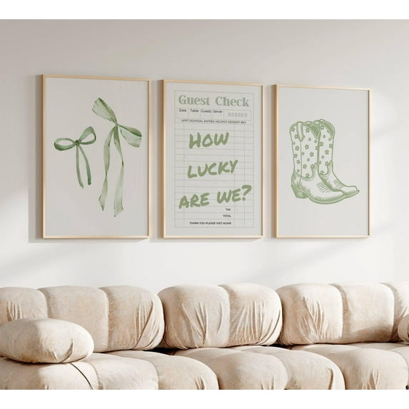Luvia How Lucky Are We Prints Sage Green Trendy Dorm Girly College Apartment Decor Cowgirl Sage Green Print, Modern Wall Decor Set 3 Prints 16x24 UNFRAMED