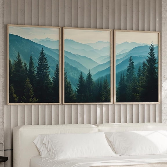 Luvia Majestic Mountain Range Evergreen Forests Set Of 3 Wall Art Poster Or Print, Panoramic Mountainscape Art Print, Blue Ridge , Modern Wall Decor Set 3 Prints 20x30 UNFRAMED