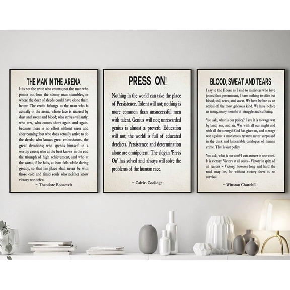 Luvia The Man In The Arena Roosevelt Press On By Calvin Coolidge Churchill Blood, Sweat & Tears Set Of 3, Modern Wall Decor Set 3 Prints 8x12 UNFRAMED