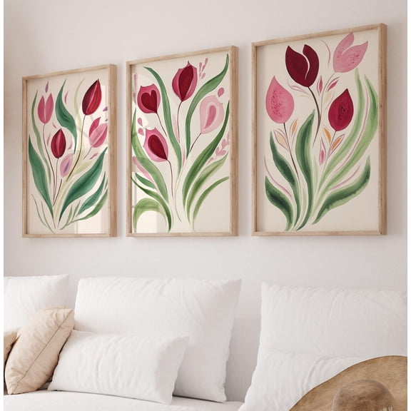 Luvia Modern Flowers Posters, Abstract Pink Red Green Spring Tulips Prints Set Of 3, Contemporary Floral Botanical Art, Modern Wall Decor Set 3 Prints 12x18 UNFRAMED