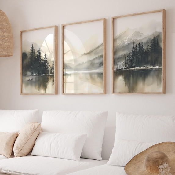 Luvia Moody Landscape Triptych Art, Vintage Forest Mountain 3 Piece, Neutral Gray Nature Poster, Scenery, Modern Wall Decor Set 3 Prints 20x30 UNFRAMED