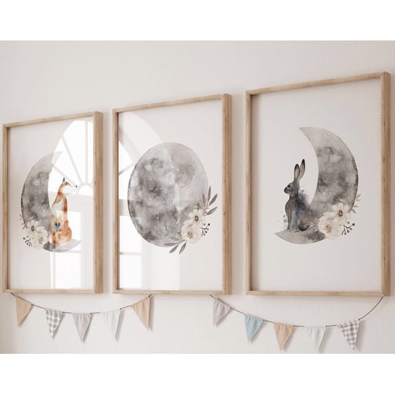 Luvia Moon Phase Art Set, Nursery Prints, Moon With Animals, Celestial Set, Contemporary Art, Nursery Art, Whimsical Print, Modern Wall Decor Set 3 Prints 8x12 UNFRAMED