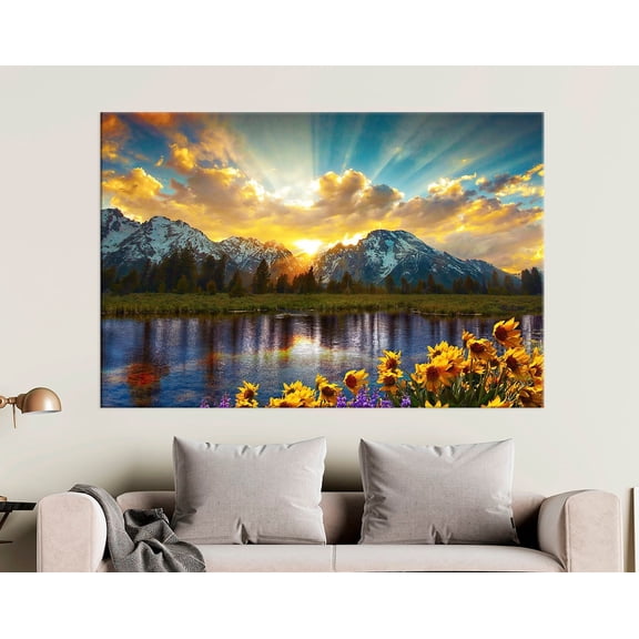 Luvia Mountain Canvas Print Landscape Print Nature Wall Decor Sunflowers Canvas Art Mountain Flowers Print Mountain Sunset Canvas Canvas, 12x16 UNFRAMED