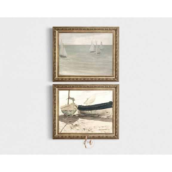 Luvia Muted Sailboat Set Of 2, Nautical Nursery Vintage Posters, Boys Room, Antique Coastal Decor, Lake House Prints, Modern Wall Decor Set 2 Prints 8x12 UNFRAMED
