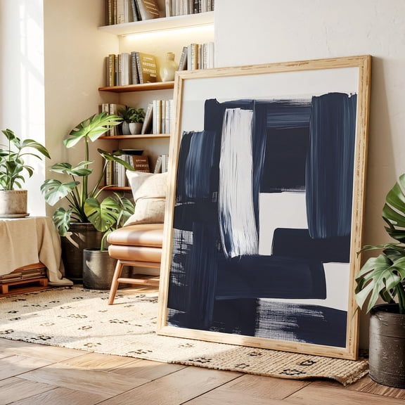 Luvia Navy Blue Abstract Poster Minimalist Brushstroke Black White Indigo Artwork for Modern Home or Office Decor, 24x36 UNFRAMED