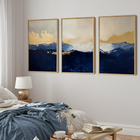 Luvia Navy Blue Abstract Prints Set Of 3, Modern Blue Gold Triptych Artwork 3 Piece Room Nordic, Modern Wall Decor Set 3 Prints 8x12 UNFRAMED