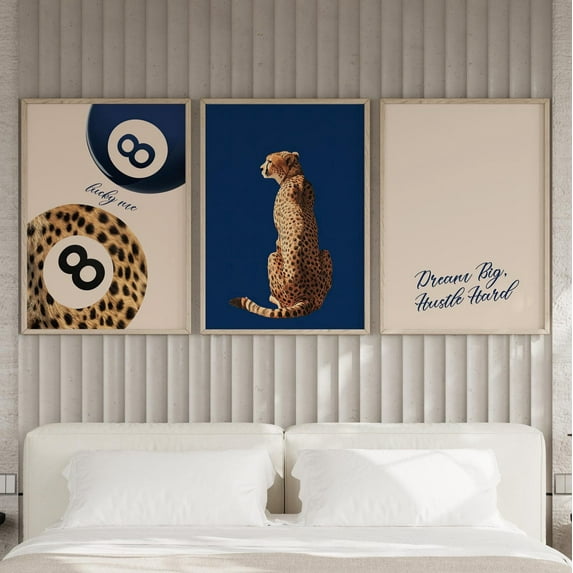 Luvia Navy Blue Leopard Animal Print Set Of 3 Wall Art Poster Or, Dream Big Quote Trendy Lucky 8 Ball Print, Cheetah,Nspirational Decor, Modern Wall Decor Set 3 Prints 16x24 UNFRAMED