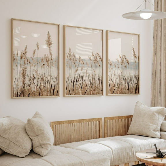 Luvia Neutral Dried Grass Pampas Triptych, Dried Grass Set Of 3 Boho Coastal Reeds Photo, Modern Wall Decor Set 3 Prints 20x30 UNFRAMED