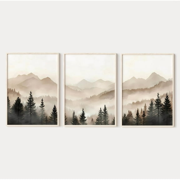 Luvia Neutral Forest Mountains Triptych Art, Modern Foggy Landscape Prints Set Of 3, Abstract Nature 3 Piece, Modern Wall Decor Set 3 Prints 8x12 UNFRAMED