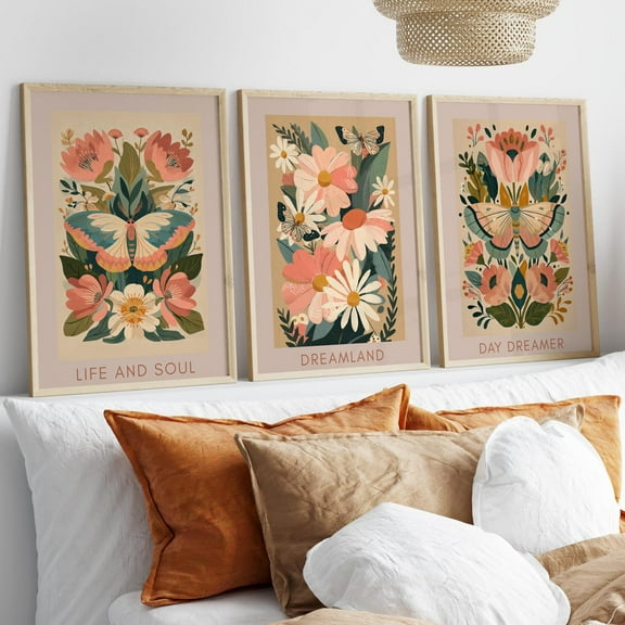 Luvia Neutral Monarch Butterflies And Wildflowers Wall Art Set Of 3 Poster Or Print, Minimalist Floral Art, Beige Boho Botanical Home Decor, Modern Wall Decor Set 3 Prints 8x12 UNFRAMED