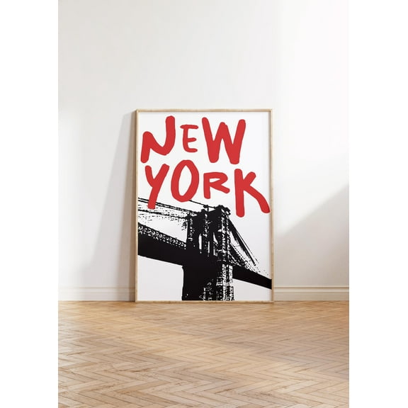Luvia New York Brooklyn Bridge Poster, Minimalist Retro Home Decor Red Black Wall Art, 8x12 UNFRAMED