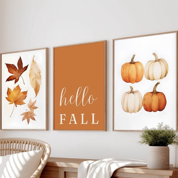 Luvia Orange Hello Fall Set of 3 Wall Art, Autumn Leaves Print, Modern Fall Decor, Pumpkin Decorations, Fall Quote Poster Wall Decor Set 3 Prints 20x30 UNFRAMED
