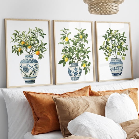 Luvia Orange Mandarin,N Chinoiseries Jar 3 Piece Set Art Print Or, Citrus Tree Green Lime Lemon Botanical Wall Art Poster Asian Decor, Modern Wall Decor Set 3 Prints 16x24 UNFRAMED