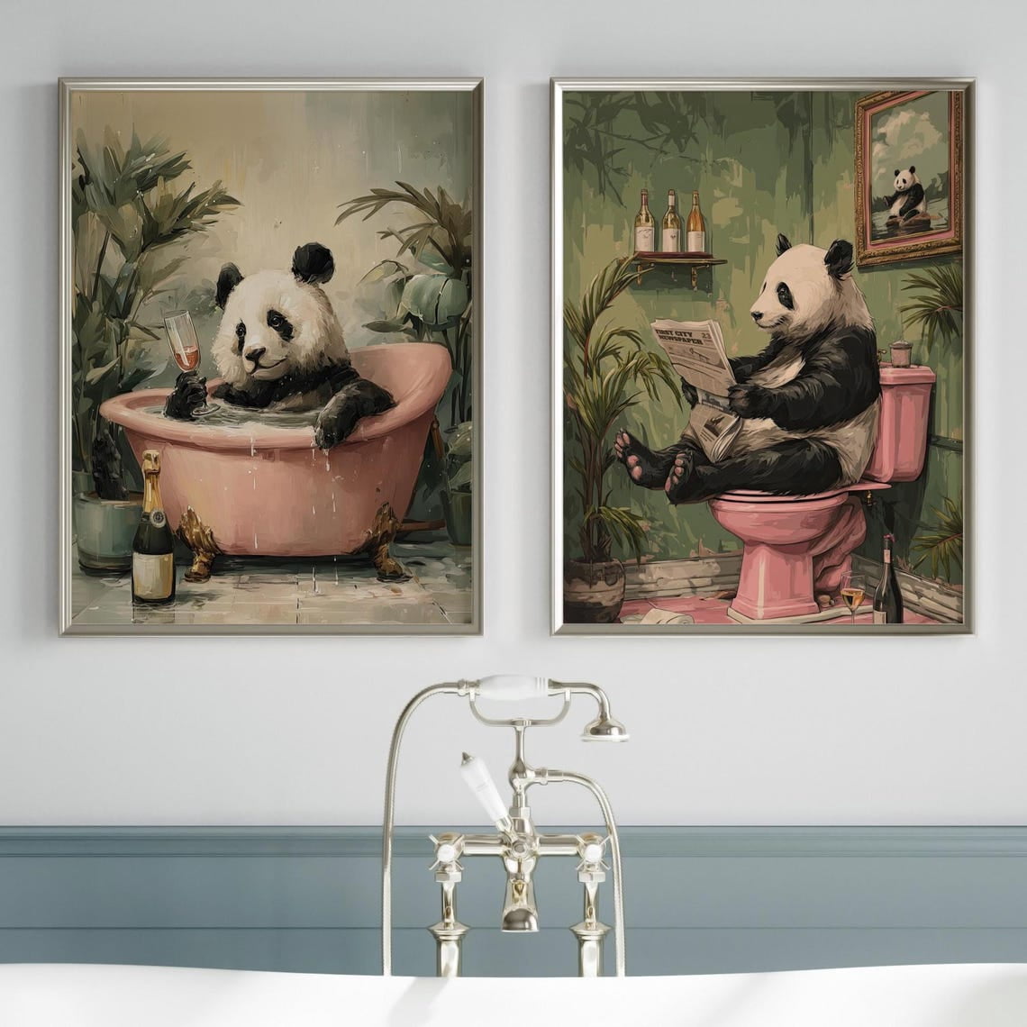 Luvia Panda Bear Bathroom Wall Art Set Of 2 Poster Or Print, Vintage ...