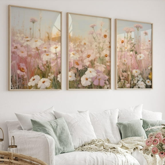 Luvia Pastel Flowers Posters Set Of 3 Neutral Wildflowers Field Artwork 3 Piece, Floral Daisy, Modern Wall Decor Set 3 Prints 8x12 UNFRAMED