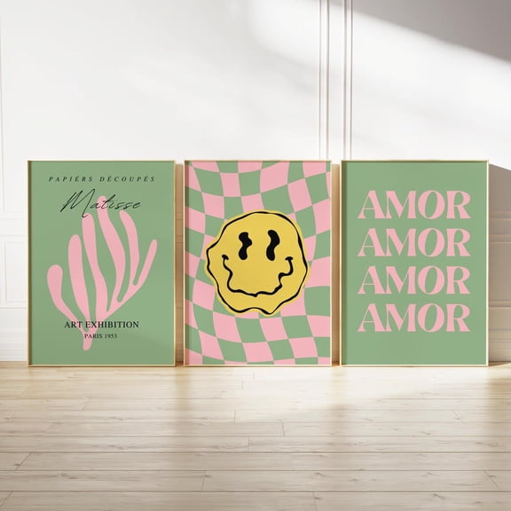 Luvia Pink Green Posters Retro Trendy Pink Green Prints Living Room Decor Pink Green Funky Retro Art Trendy Dorm Decor, Modern Wall Decor Set 3 Prints 8x12 UNFRAMED