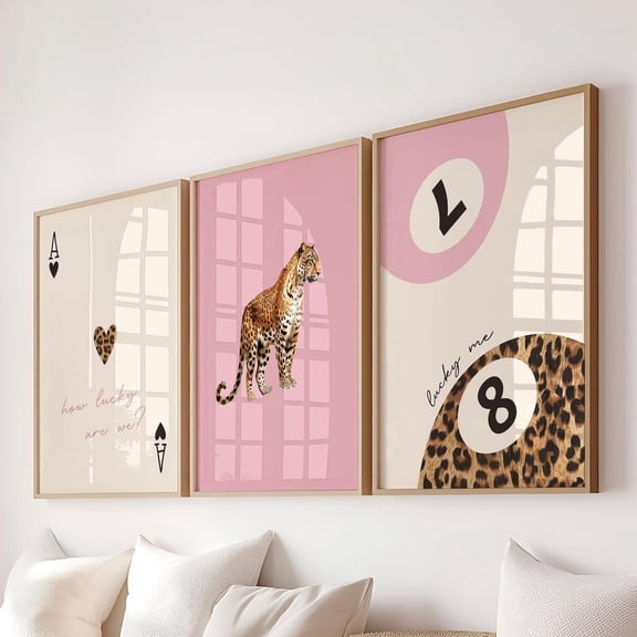 Luvia Pink Leopard Cheetah Set Of 3 How Lucky Are We Lucky 8 Ball Cheetah Posters Coquette Room Decor Maximalist Dorm, Modern Wall Decor Set 3 Prints 8x12 UNFRAMED