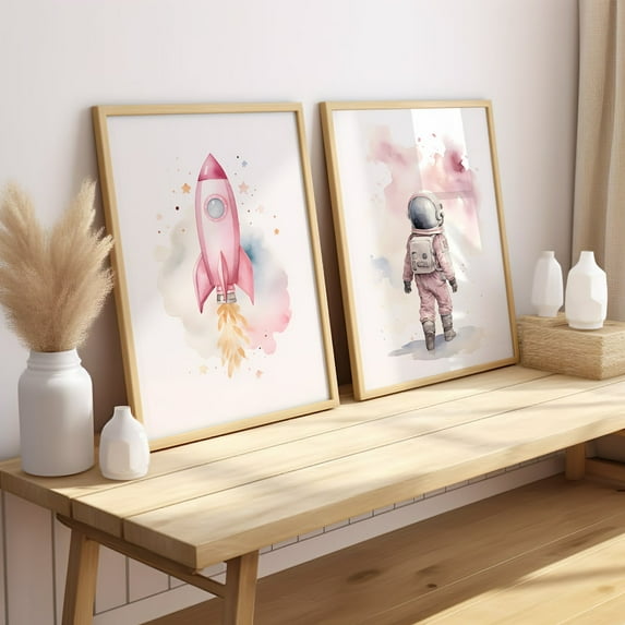 Luvia Pink Nursery Decor Space Girl & Rocket Outer Space Set Of 2 Poster, Astronaut Space Nursery Print, Modern Wall Decor Set 2 Prints 20x30 UNFRAMED