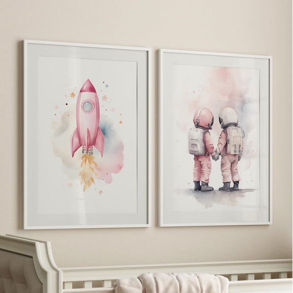 Luvia Pink Nursery Decor Space Twin Girls & Rocket Outer Space Set Of 2 Poster Or, Nursery Wall Art, Astronaut Space Print, Modern Wall Decor Set 2 Prints 16x24 UNFRAMED