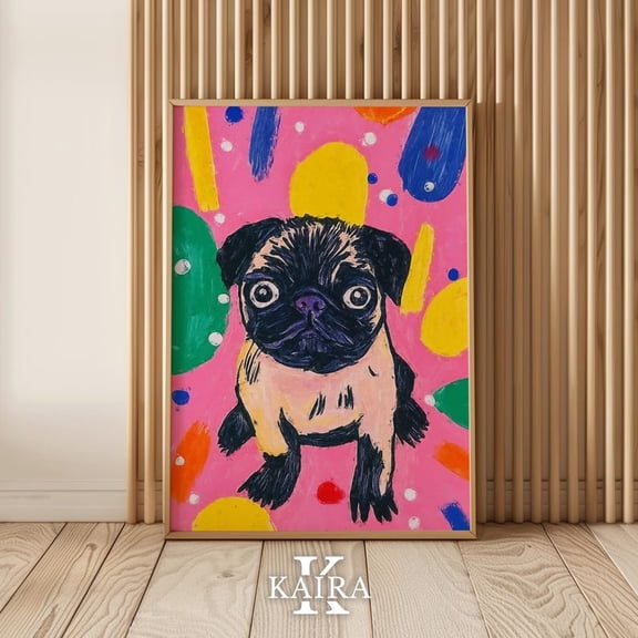 Luvia Playful Pug Poster, Vibrant Dog Illustration for Fun Wall Decor, 8x12 UNFRAMED