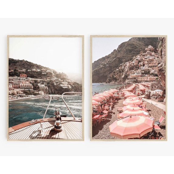 Luvia Positano Set Of 2, Amalfi Coast Italy Art, Coastal, Travel Poster, Beach Umbrellas, Modern Wall Decor Set 2 Prints 16x24 UNFRAMED