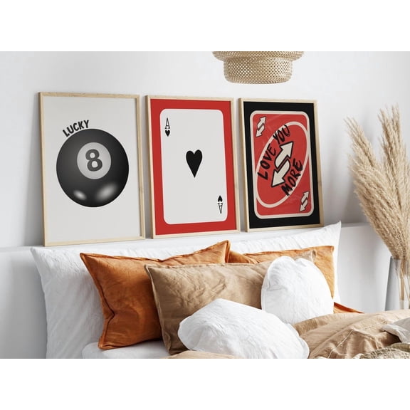 Luvia Red And Black Posters Trendy Retro Love You More 8 Ball Poster Red Dorm College Apartment Decor Ace Card Print, Modern Wall Decor Set 3 Prints 16x24 UNFRAMED