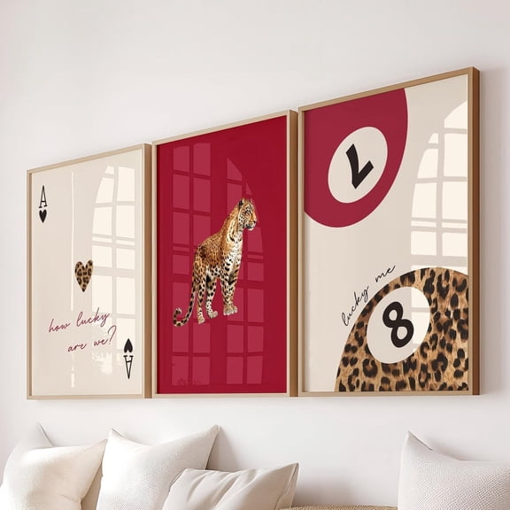 Luvia Red Leopard Cheetah Set Of 3 How Lucky Are We Lucky 8 Ball Cheetah Posters Coquette Room Decor Maximalist Dorm, Modern Wall Decor Set 3 Prints 12x18 UNFRAMED