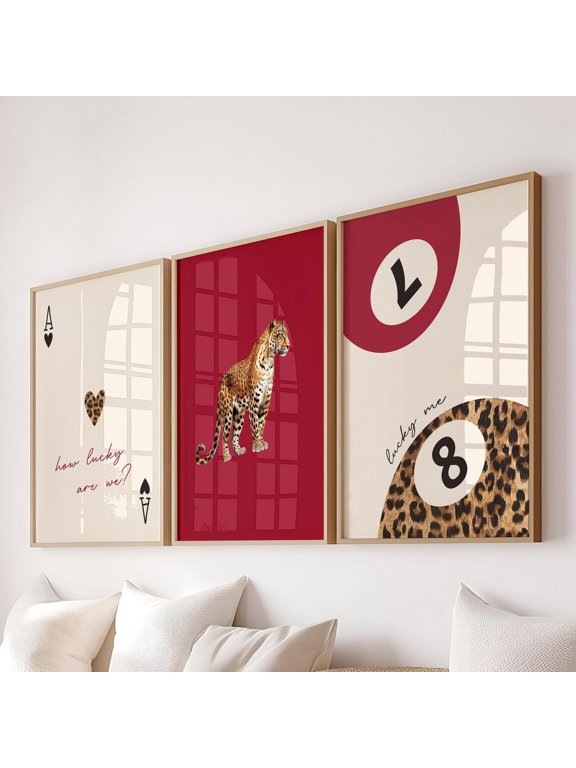 Red Leopard Cheetah Set Of 3 How Lucky Are We Lucky 8 Ball Cheetah Posters Coquette Room Decor Maximalist Dorm, Modern Wall Decor Set 3 Prints 12x18 UNFRAMED