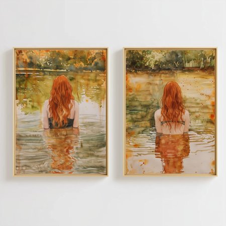 Luvia Redhead Art Woman Swimming In Pond Fine Art Back Of Women Poster Set Of 2 Prints, Modern Wall Decor Set 2 Prints 8x12 UNFRAMED