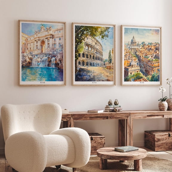 Luvia Rome Art Posters - Italian Travel Art Landmarks Set Of 3 Prints - Colosseum, Trevi Fountain, Cityscape, Modern Wall Decor Set 3 Prints 12x18 UNFRAMED
