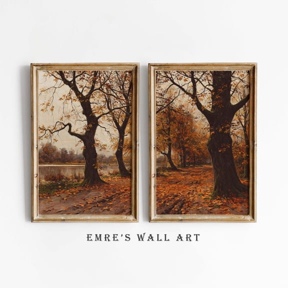 Luvia Rustic Autumn Forest Set of 2, Vintage Fall Landscape Wall Art, Warm Nature Split Panel Decor Wall Decor Set 2 Prints 8x12 UNFRAMED