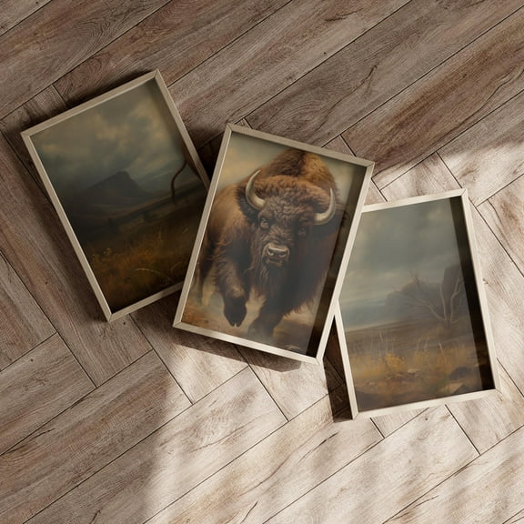 Luvia Rustic And Eclectic Realistic Bison Art Print Or Set, Wild Western Themed Living Room Poster, Vintage Western Theme Farmhouse Decor, Modern Wall Decor Set 3 Prints 12x18 UNFRAMED