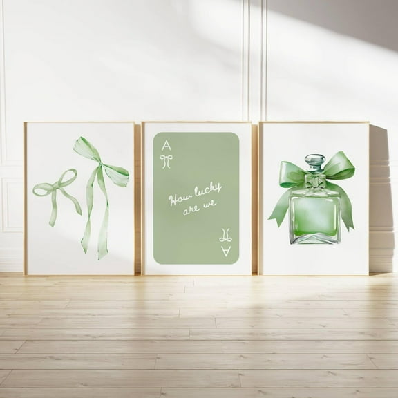 Luvia Sage Green Bows Set Of 3 Coquette Prints Trendy Green Dorm Prints College Apartment Decor Girly Print, Modern Wall Decor Set 3 Prints 20x30 UNFRAMED