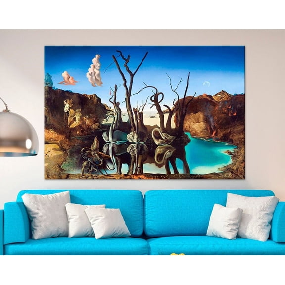 Luvia Salvador Dali Swans Reflecting Elephants Canvas Print Surrealism Print Surreal Art Animals Living Room Decor Salvador Dali Art Canvas, 16x24 UNFRAMED