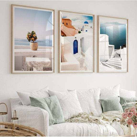 Luvia Santorini Prints Set Of 3, Greece Gallery, Mediterranean Travel Posters, , Modern Wall Decor Set 3 Prints 20x30 UNFRAMED