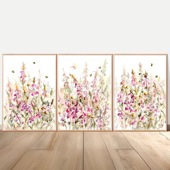 Luvia Scottish Heather Poster Scotland Fine Art Scottish Floral Honeybee Butterfly Flowers Neutral Pink Set Of 3 Prints, Modern Wall Decor Set 3 Prints 8x12 UNFRAMED