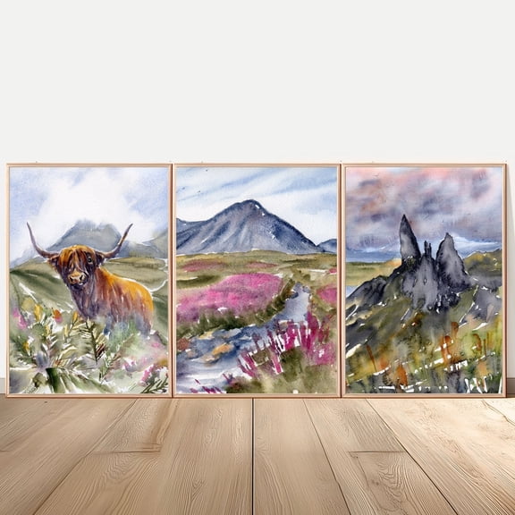 Luvia Scottish Landscape Poster Isle Of Skye Fine Art Scottish Cow Set Of 3 Prints, Modern Wall Decor Set 3 Prints 8x12 UNFRAMED