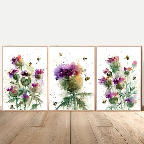 Luvia Scottish Thistle Art Scotland Scottish Floral Honeybee Set Of 3 Prints, Modern Wall Decor Set 3 Prints 20x30 UNFRAMED